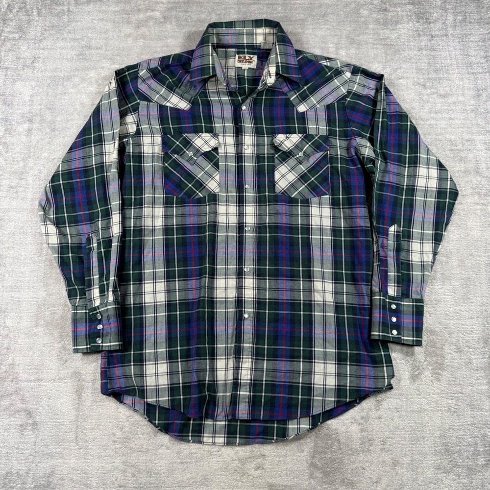 Ely Cattleman Shirt Mens Medium Green Plaid Vtg Western Pearl Snap Cowboy Ranch